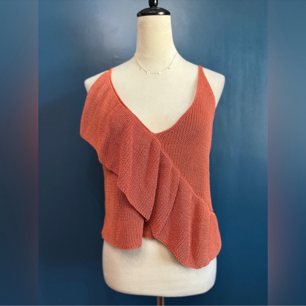 ZARA Ruffled Cotton Blend Strappy Slightly Cropped Sweater Tank NWT Size Small